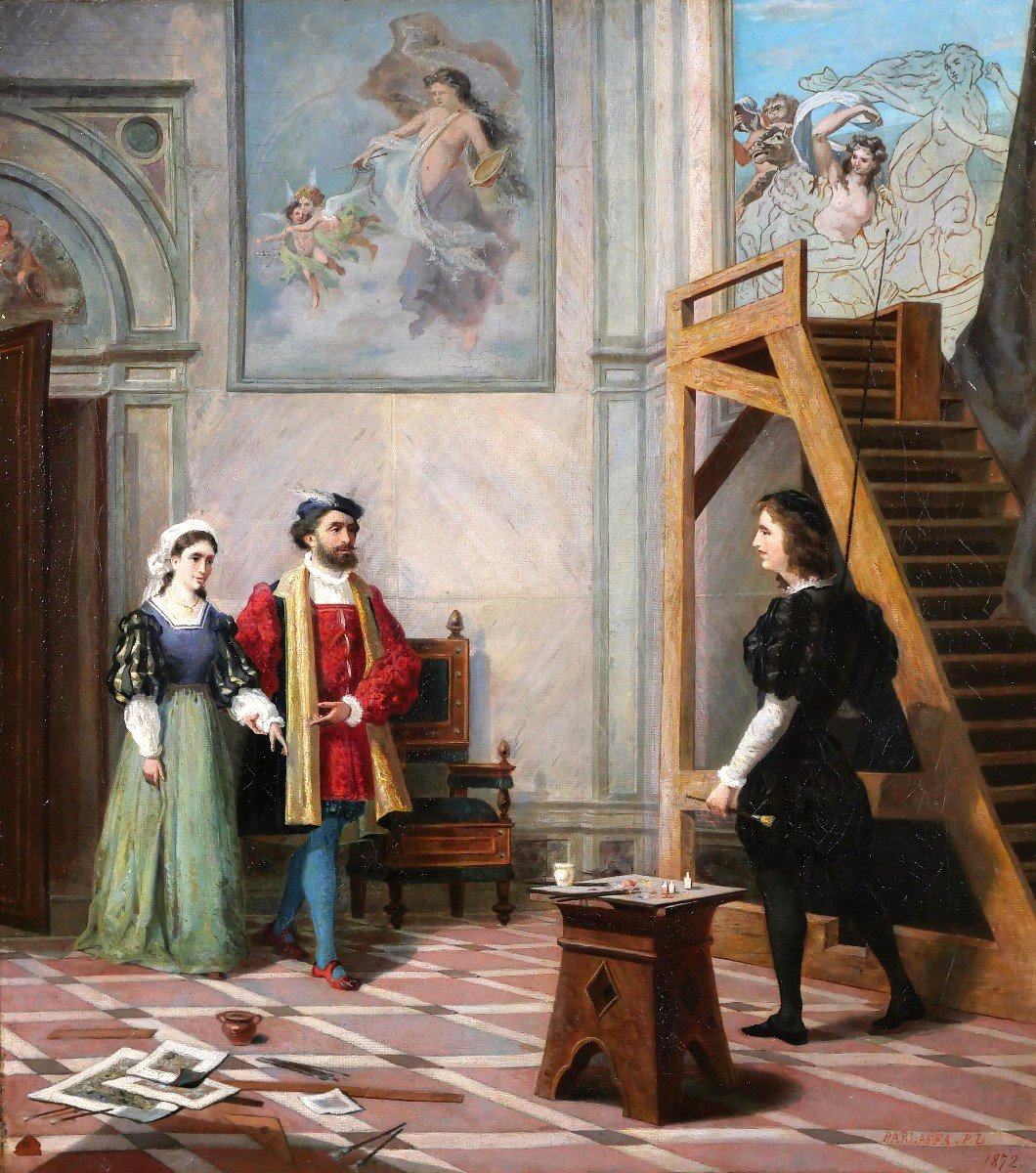 Pio Ludovico BARLAFFA, Le peintre Raphael et la Fornarina dans son atelier, tableau, 1872