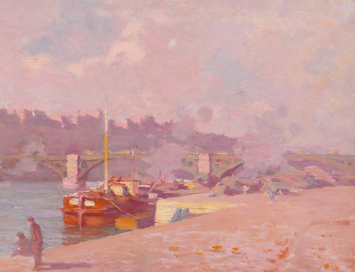 Hyacinthe Royet 1862-1926 Paris, The Saints-pères Bridge, Landscape Painting, Circa 1900-photo-2