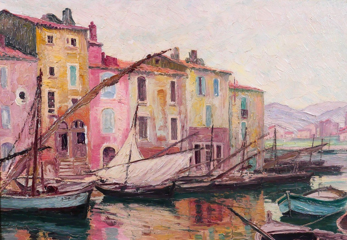 Adolphe Cossard 1880-1952, Martigues, Landscape With Boats, Painting, Circa 1930-photo-1