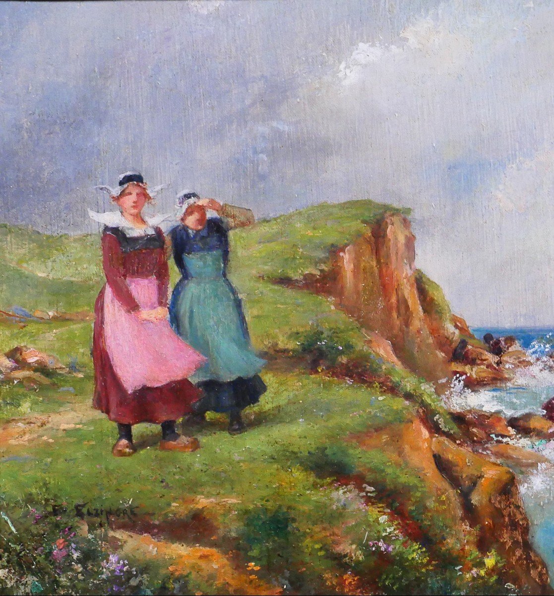 Emile Elzingre 1859-1933 Brittany, Women At The Seaside, Painting, Circa 1910-20-photo-3