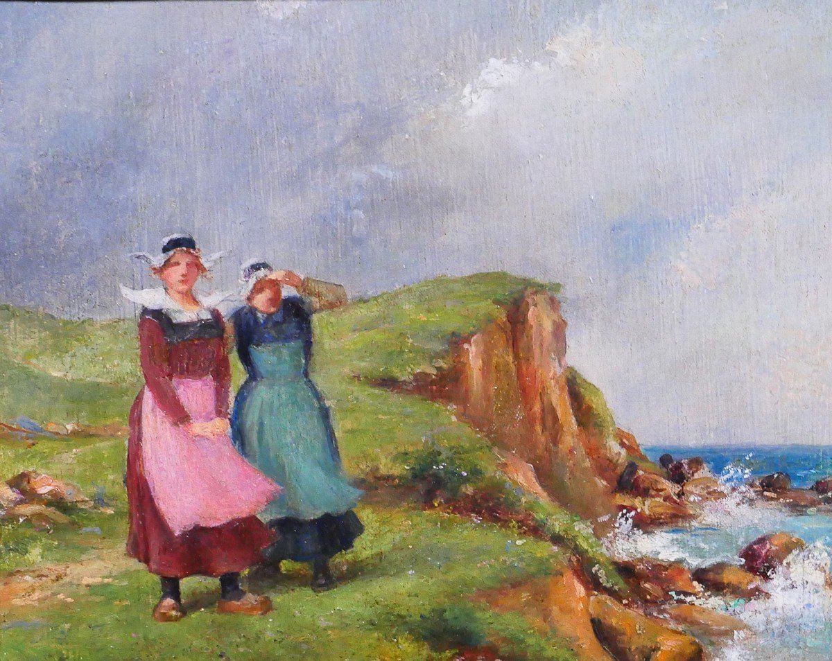 Emile Elzingre 1859-1933 Brittany, Women At The Seaside, Painting, Circa 1910-20-photo-1