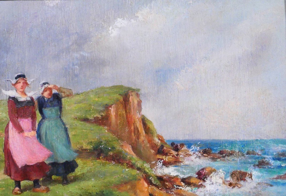 Emile Elzingre 1859-1933 Brittany, Women At The Seaside, Painting, Circa 1910-20-photo-2