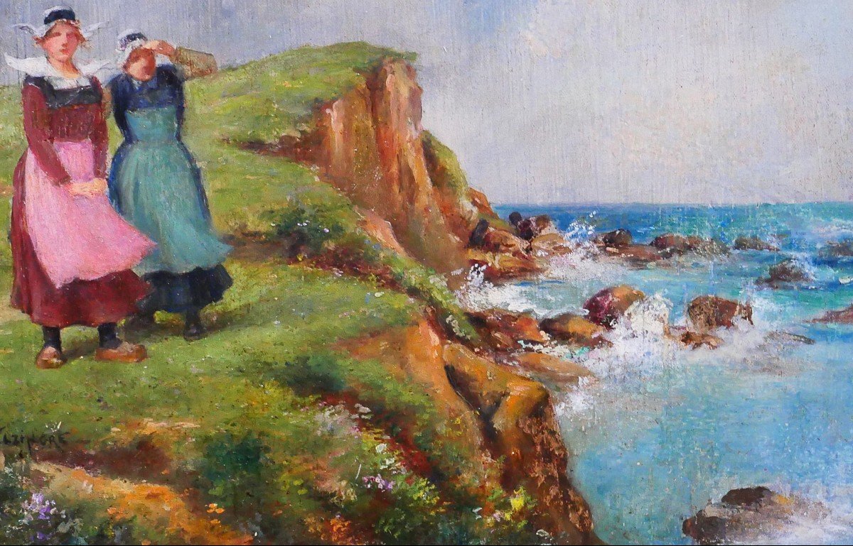 Emile Elzingre 1859-1933 Brittany, Women At The Seaside, Painting, Circa 1910-20-photo-3