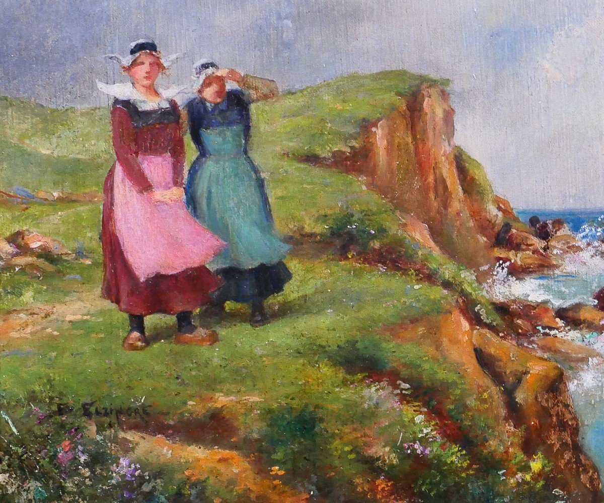 Emile Elzingre 1859-1933 Brittany, Women At The Seaside, Painting, Circa 1910-20-photo-4