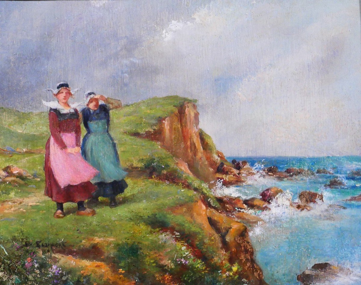 Emile Elzingre 1859-1933 Brittany, Women At The Seaside, Painting, Circa 1910-20