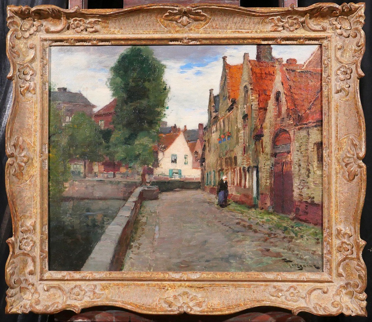 Fernand Toussaint 1873-1956 Belgium, Bruges, Landscape With Canal, Painting, Circa 1910-20-photo-2