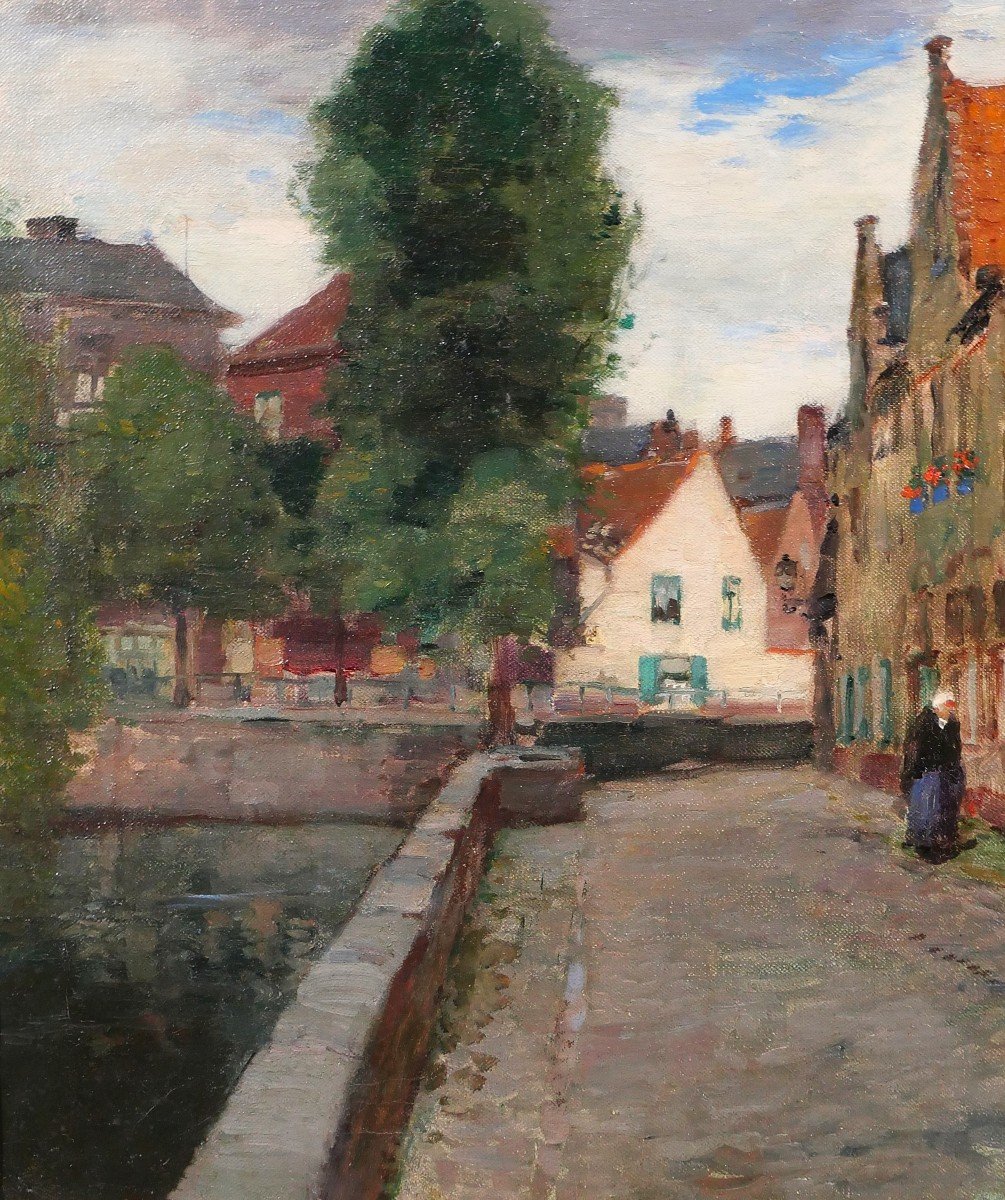 Fernand Toussaint 1873-1956 Belgium, Bruges, Landscape With Canal, Painting, Circa 1910-20-photo-3