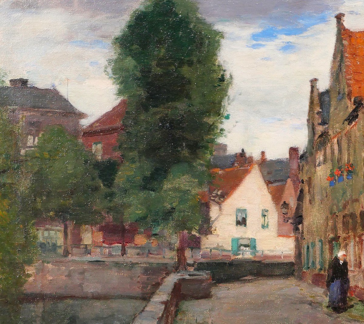 Fernand Toussaint 1873-1956 Belgium, Bruges, Landscape With Canal, Painting, Circa 1910-20-photo-1