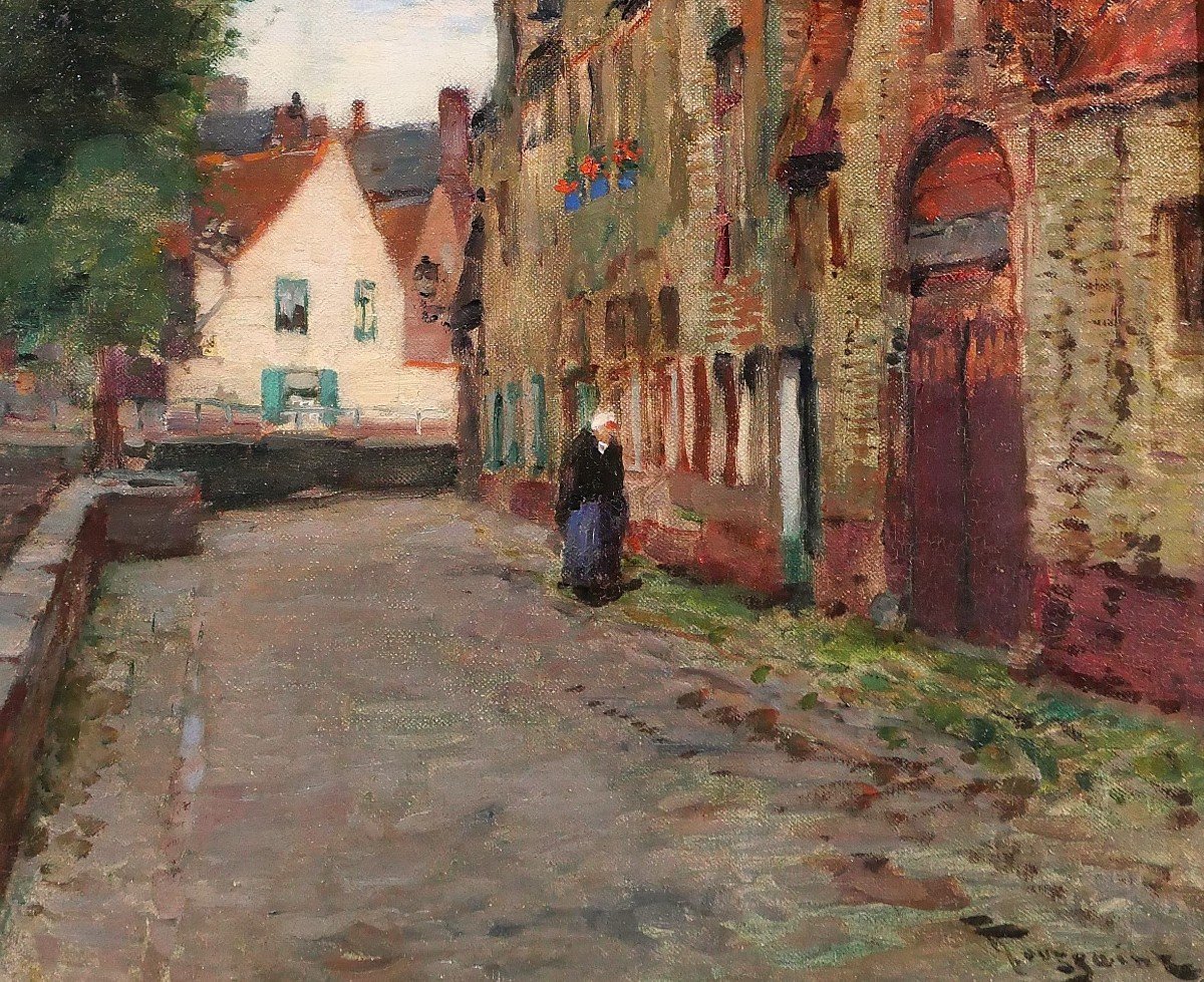 Fernand Toussaint 1873-1956 Belgium, Bruges, Landscape With Canal, Painting, Circa 1910-20-photo-3