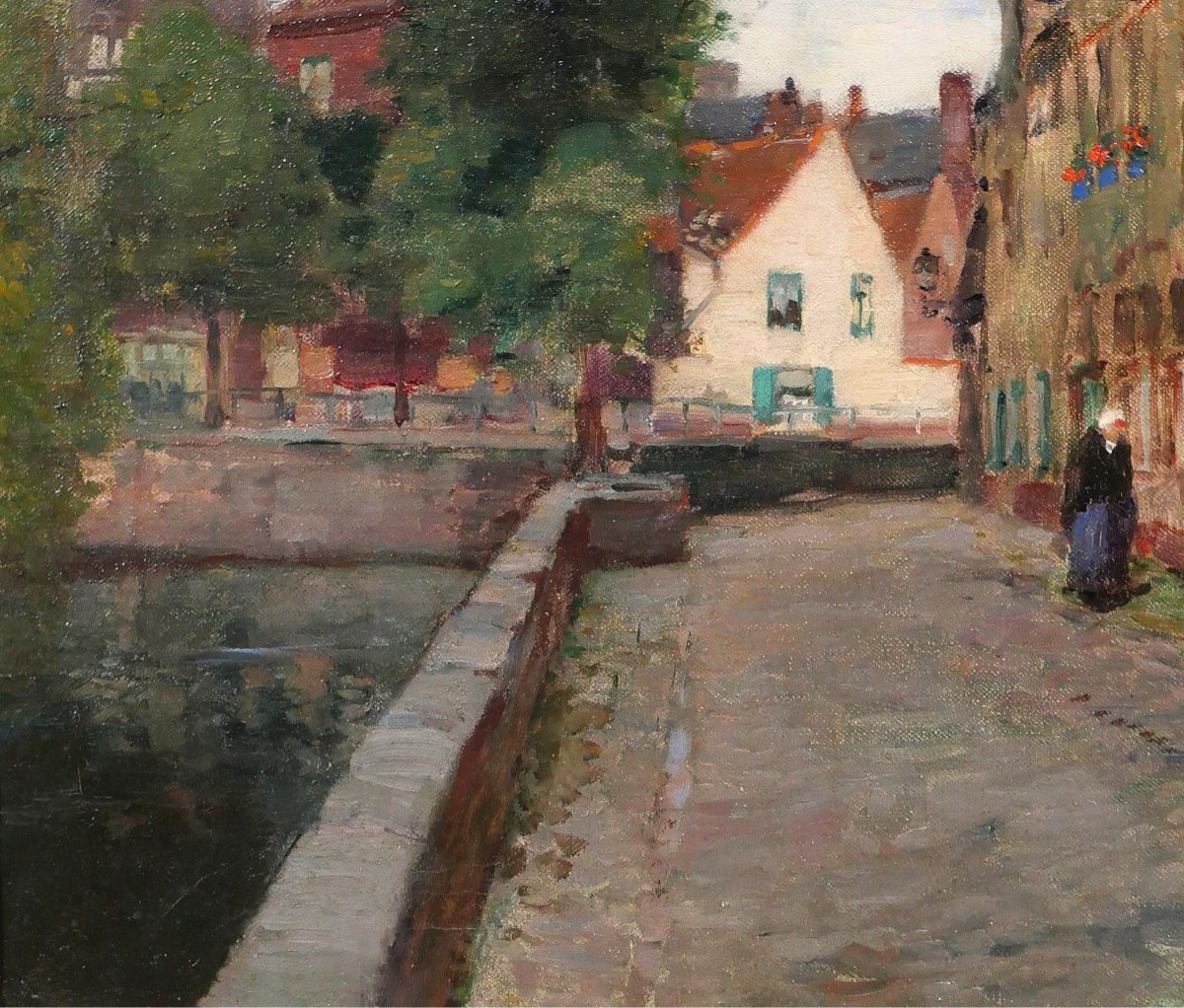 Fernand Toussaint 1873-1956 Belgium, Bruges, Landscape With Canal, Painting, Circa 1910-20-photo-4