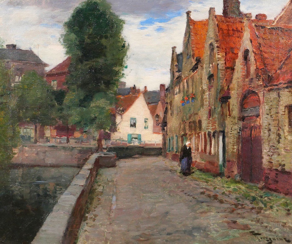 Fernand Toussaint 1873-1956 Belgium, Bruges, Landscape With Canal, Painting, Circa 1910-20