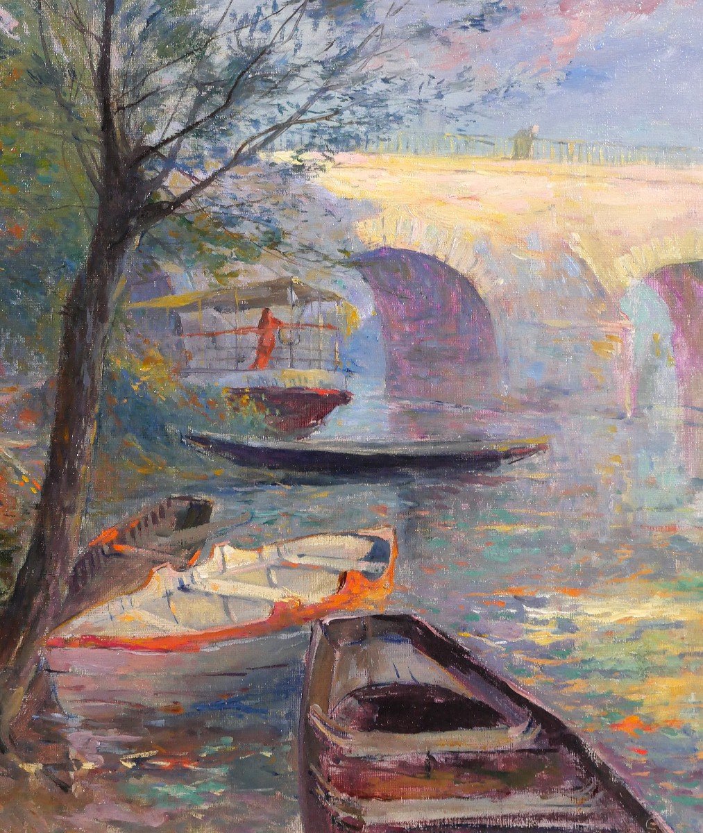 Georges Charbonneau 1871-1919 Poissy, The Seine And The Bridge, Landscape, Painting, Circa 1900-photo-4