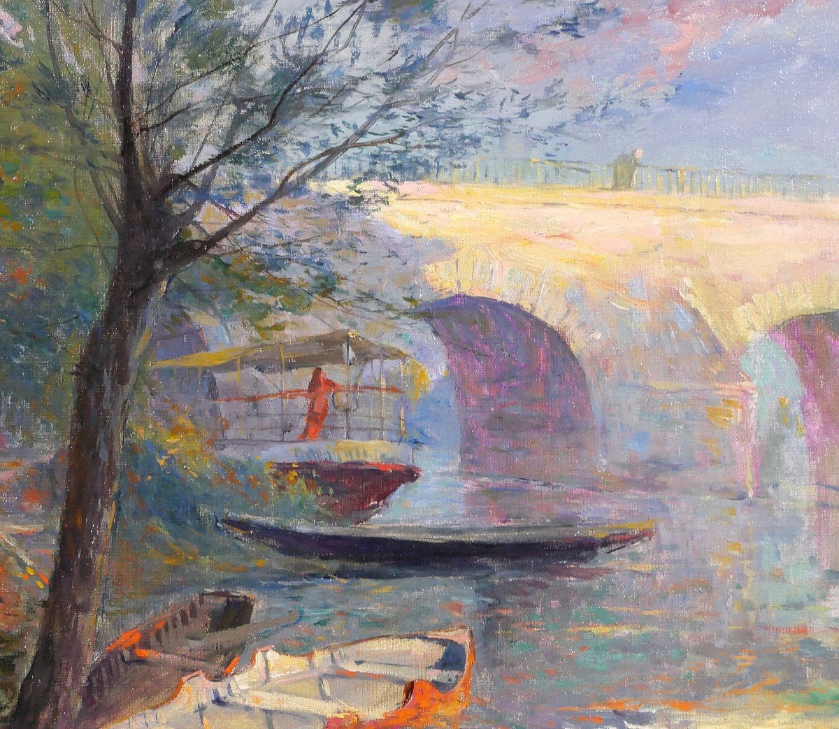 Georges Charbonneau 1871-1919 Poissy, The Seine And The Bridge, Landscape, Painting, Circa 1900-photo-2