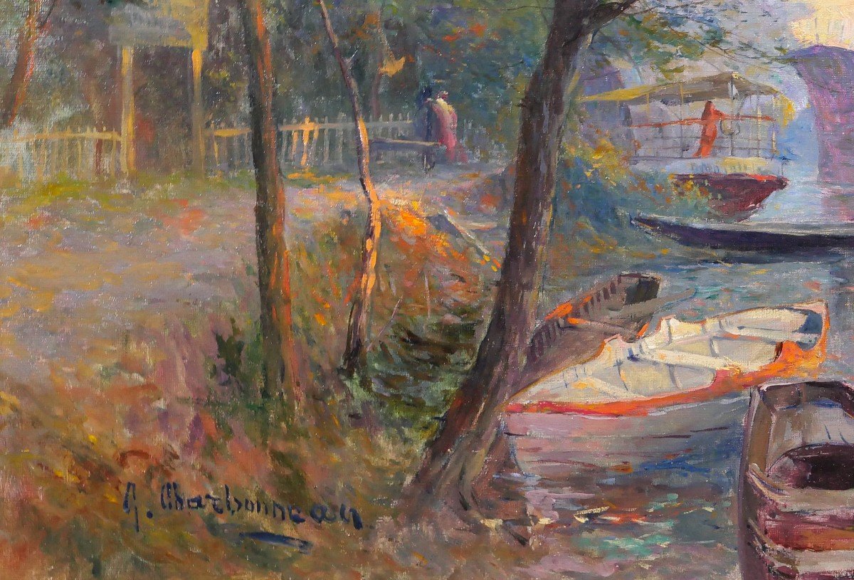 Georges Charbonneau 1871-1919 Poissy, The Seine And The Bridge, Landscape, Painting, Circa 1900-photo-4