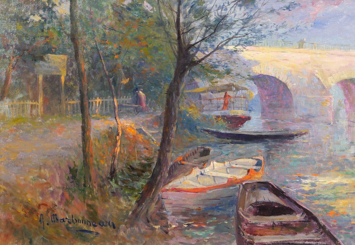 Georges Charbonneau 1871-1919 Poissy, The Seine And The Bridge, Landscape, Painting, Circa 1900