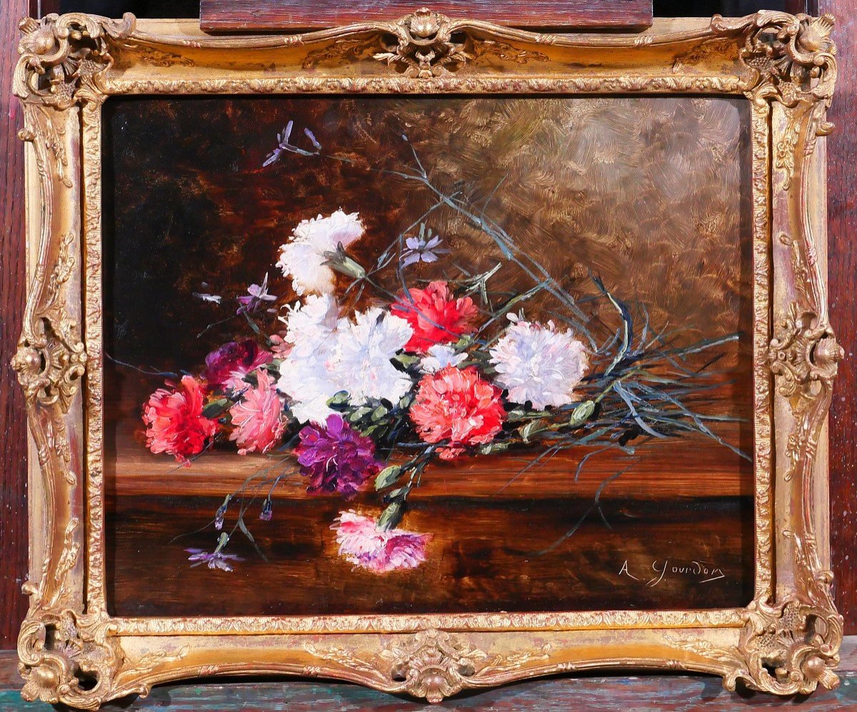 Adrien-Raphaël GOURDON, Nature morte de fleurs, oeillets, tableau, vers 1880-85 impressionnisme-photo-2