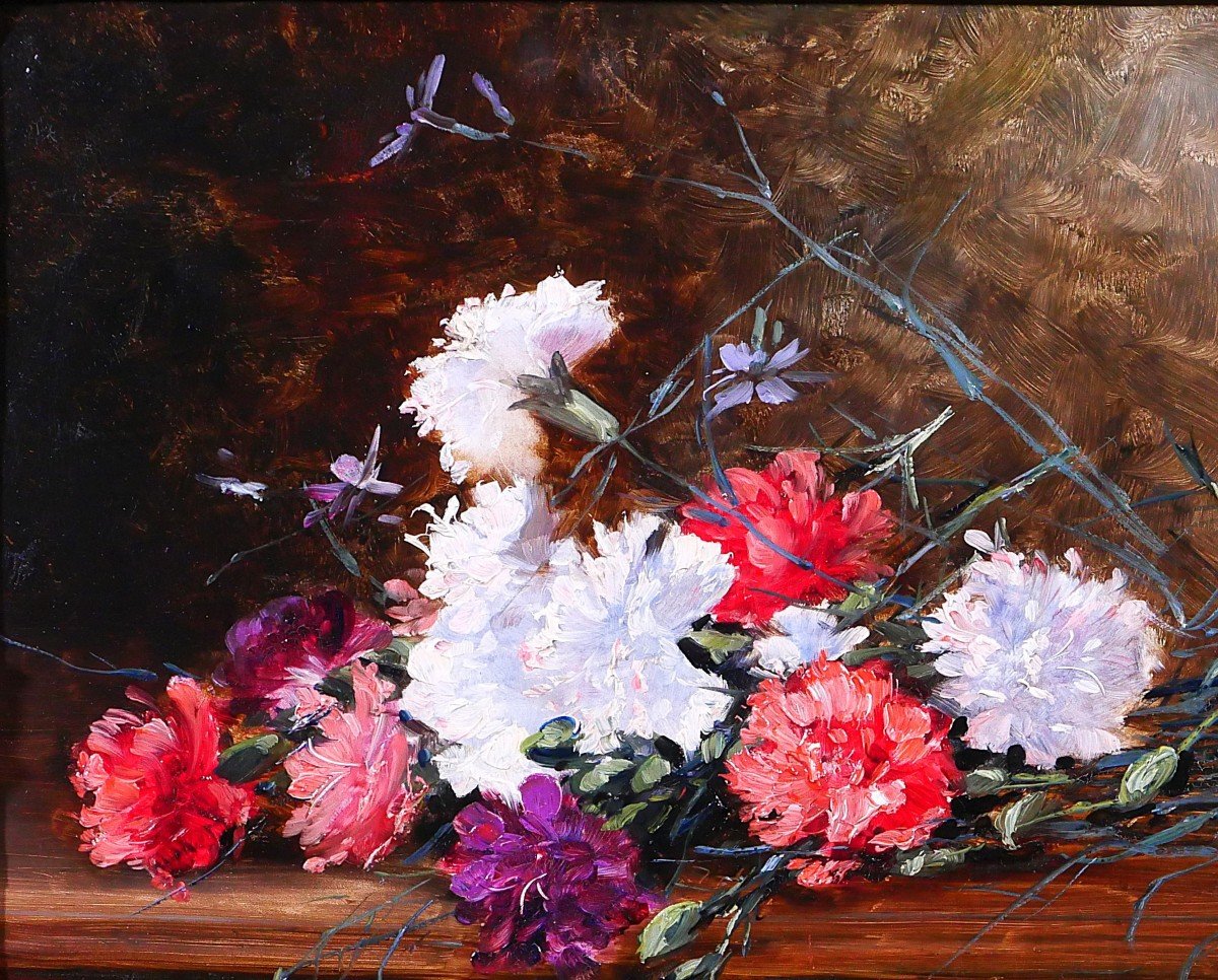 Adrien-Raphaël GOURDON, Nature morte de fleurs, oeillets, tableau, vers 1880-85 impressionnisme-photo-1