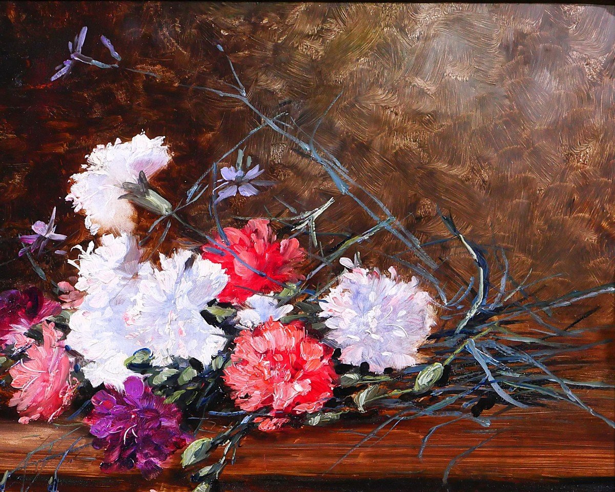 Adrien-Raphaël GOURDON, Nature morte de fleurs, oeillets, tableau, vers 1880-85 impressionnisme-photo-2