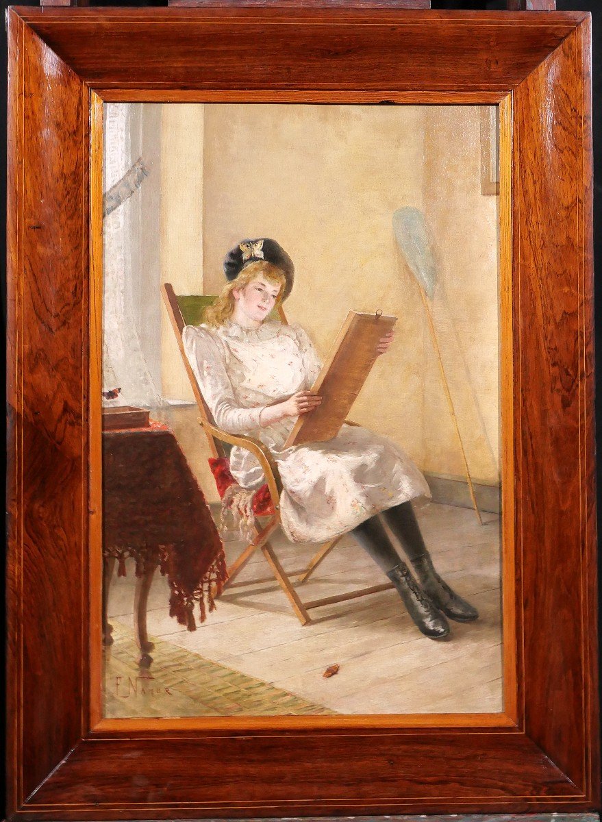 François Namur 1857-1902 Young Woman With Butterflies In An Interior, Painting, Circa 1890-photo-2