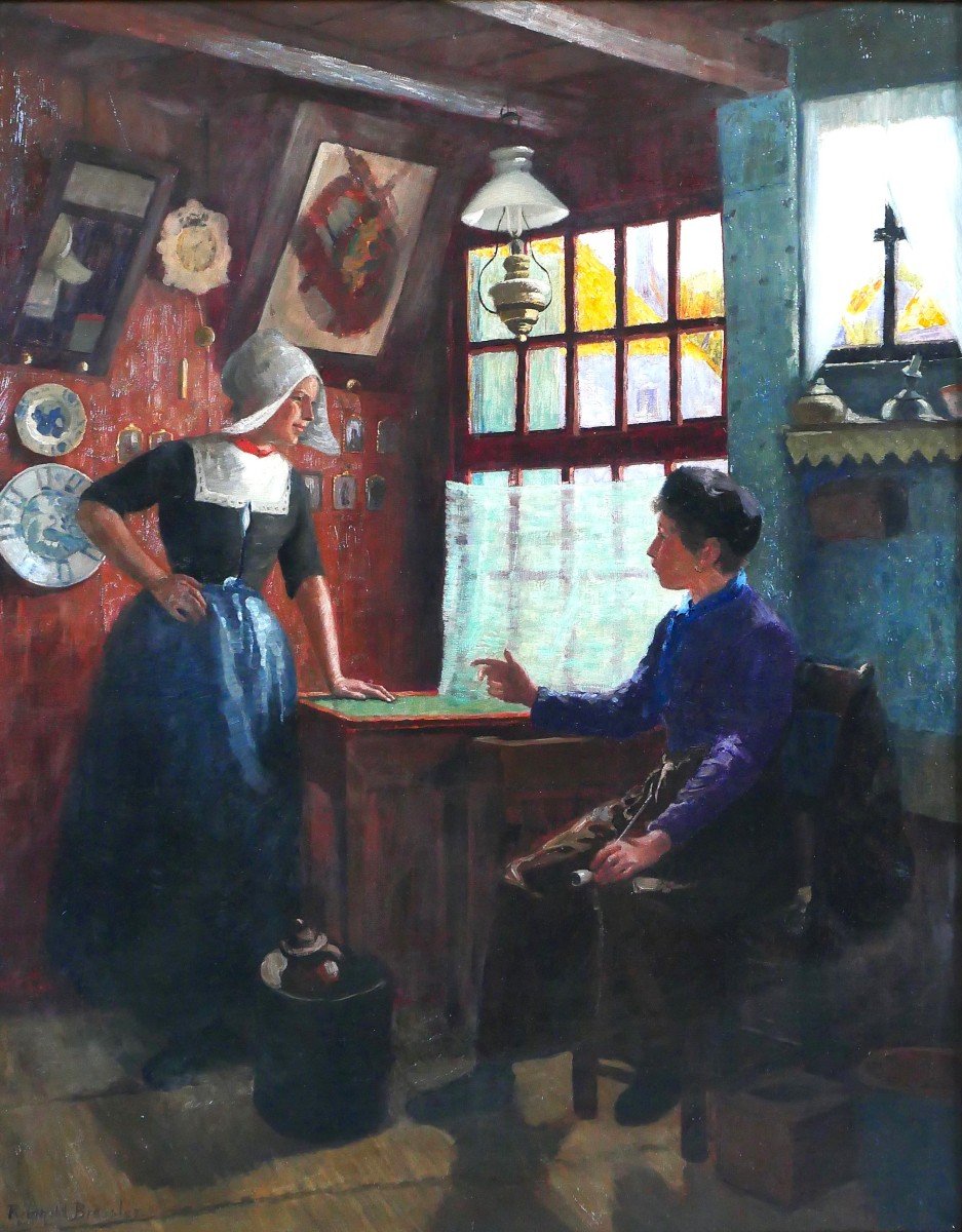 Reinhold BRESSLER 1868-1945 Pays-Bas, couple discutant, effet de lumière, tableau, vers 1900