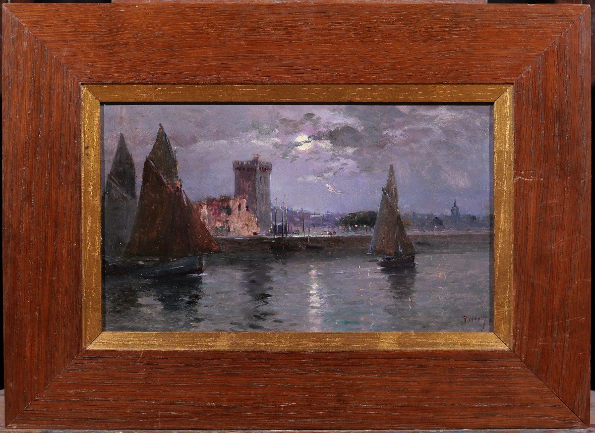 French School Circa 1900-20 Les Sables d'Olonne, Moonlit Landscape, Painting, Seascape-photo-2