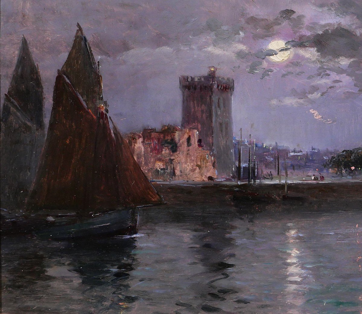 French School Circa 1900-20 Les Sables d'Olonne, Moonlit Landscape, Painting, Seascape-photo-3