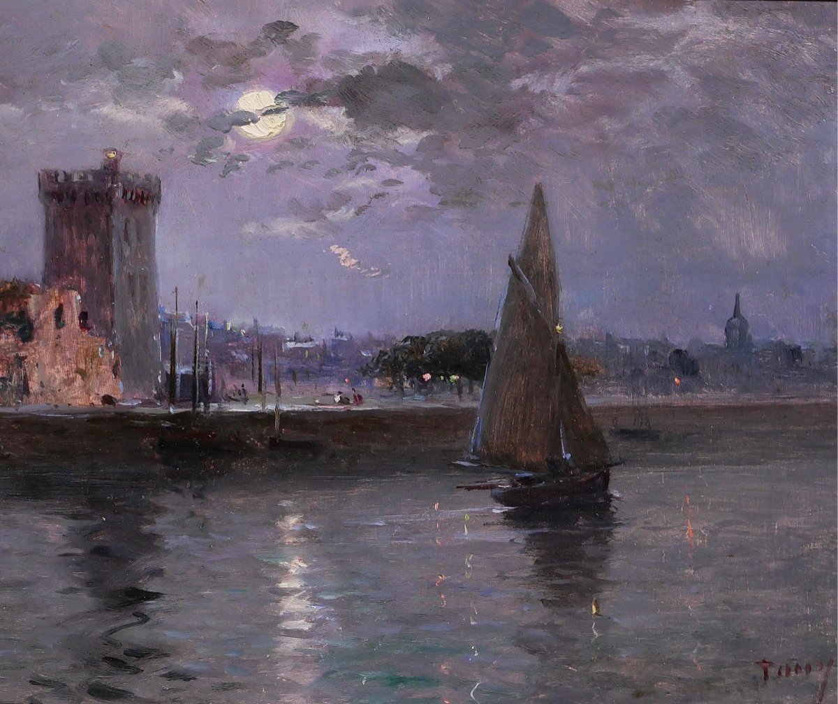 French School Circa 1900-20 Les Sables d'Olonne, Moonlit Landscape, Painting, Seascape-photo-4