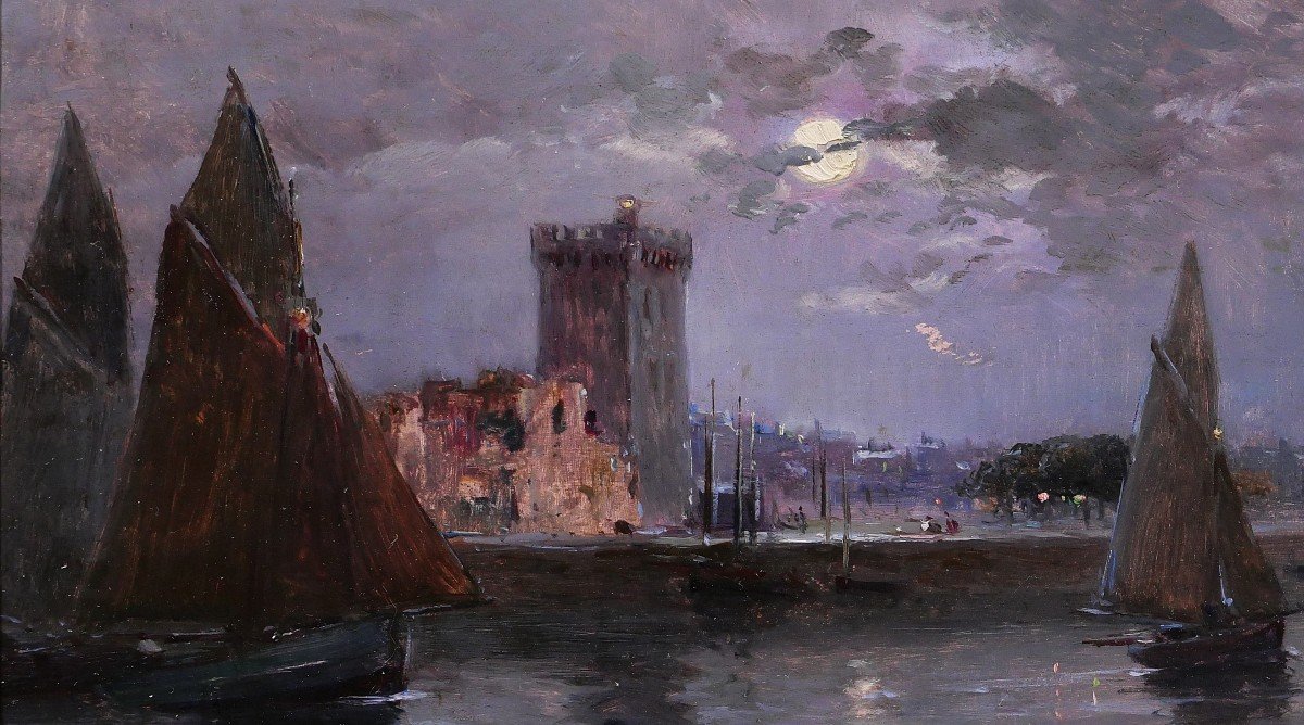 French School Circa 1900-20 Les Sables d'Olonne, Moonlit Landscape, Painting, Seascape-photo-1