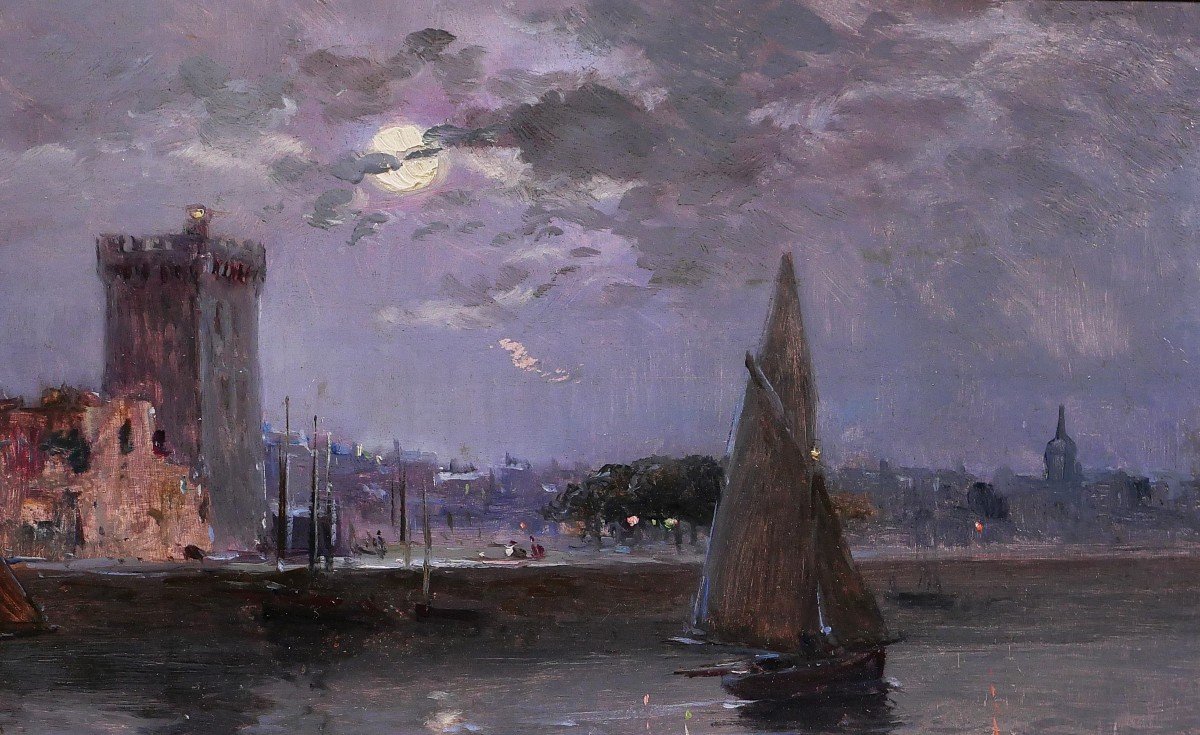 French School Circa 1900-20 Les Sables d'Olonne, Moonlit Landscape, Painting, Seascape-photo-2