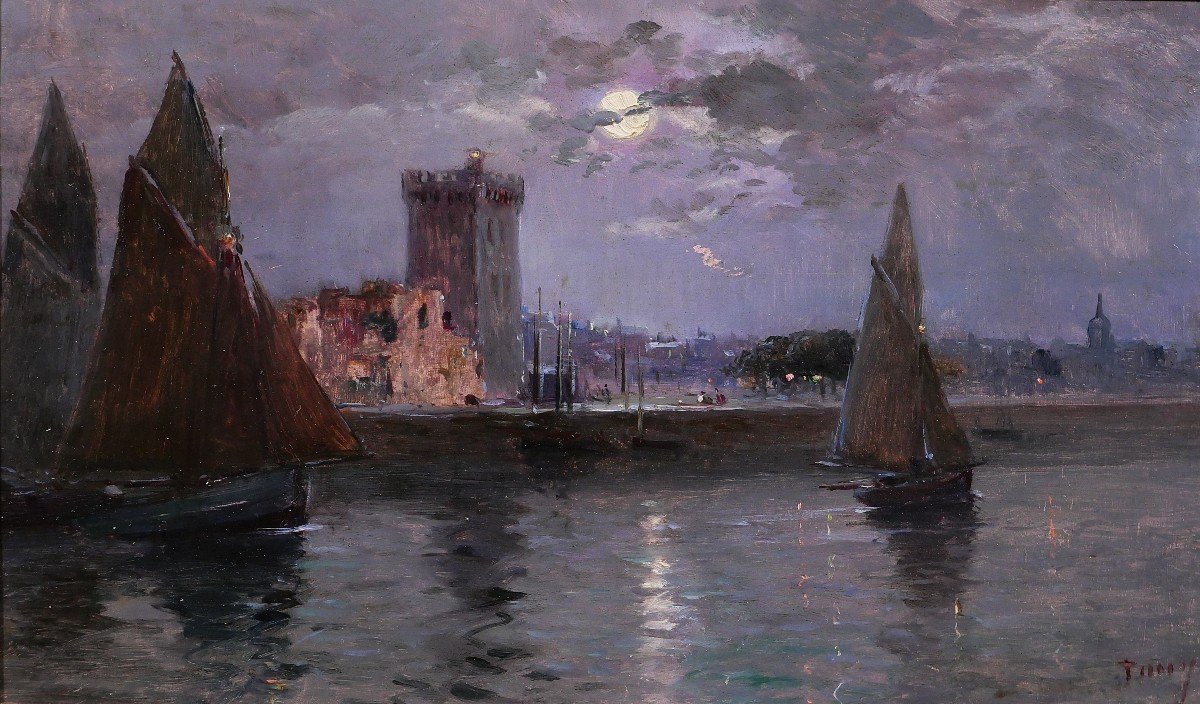 French School Circa 1900-20 Les Sables d'Olonne, Moonlit Landscape, Painting, Seascape