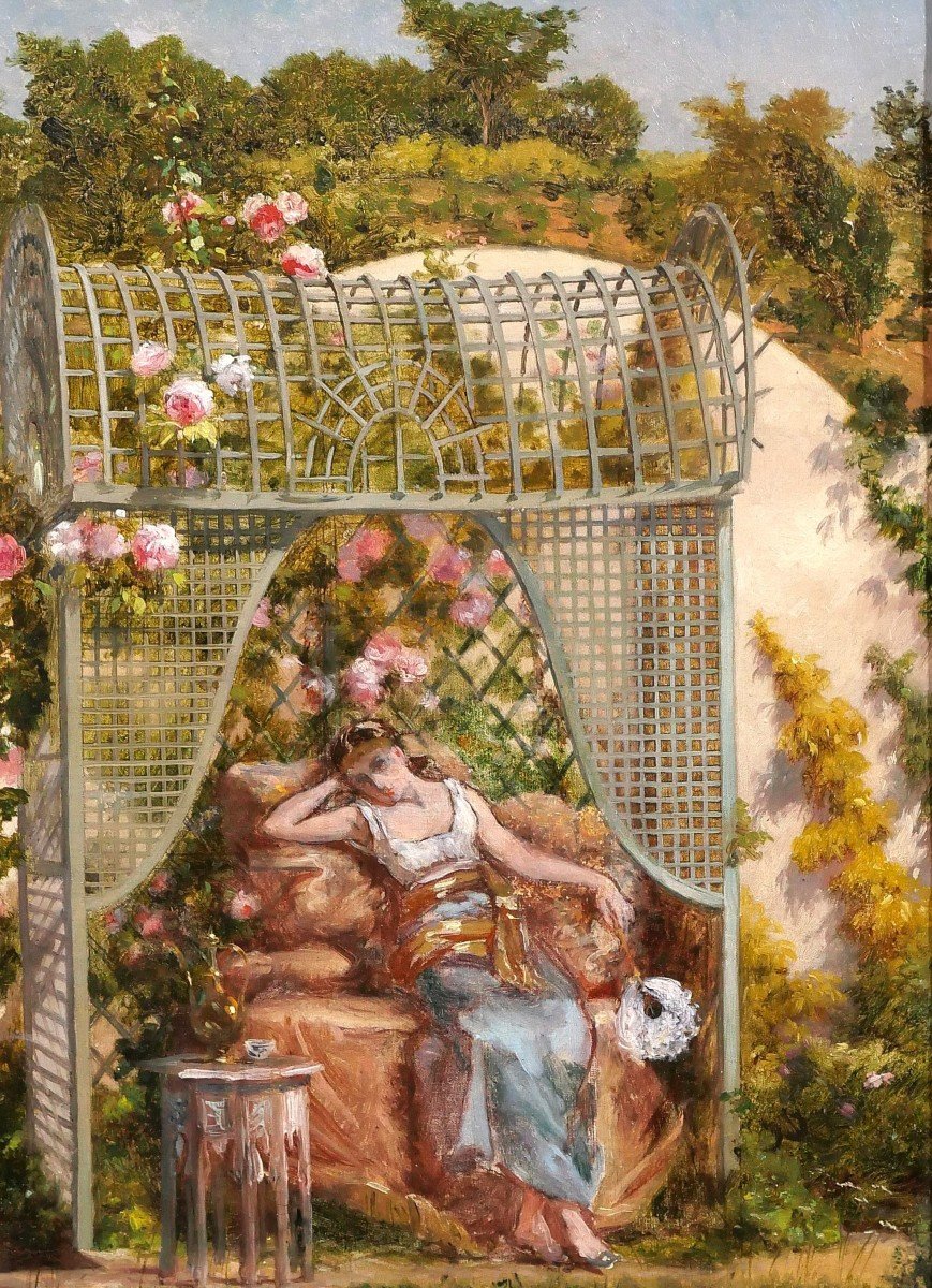 Ennemond COLLIGNON 1822-1890 Femme orientale aux roses dans son jardin, fleurs, tableau, 1887-photo-2