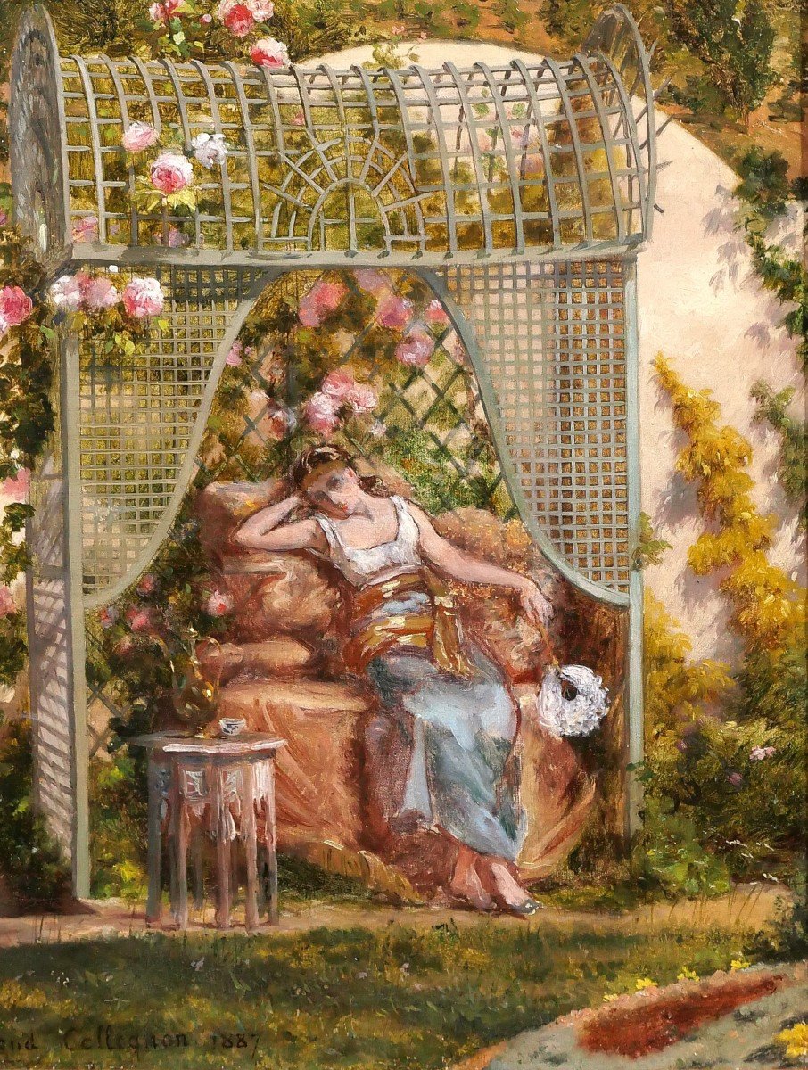 Ennemond COLLIGNON 1822-1890 Femme orientale aux roses dans son jardin, fleurs, tableau, 1887-photo-3