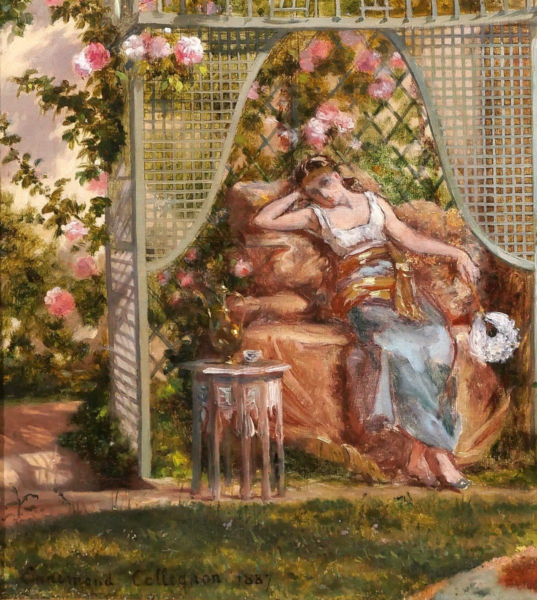 Ennemond COLLIGNON 1822-1890 Femme orientale aux roses dans son jardin, fleurs, tableau, 1887-photo-4