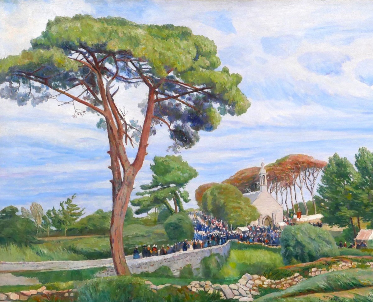 Edmond CHAMPON Bretagne, Loctudy, scène du pardon, grand tableau 1911-photo-2