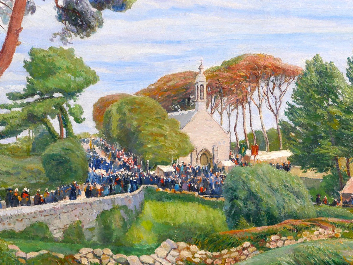 Edmond CHAMPON Bretagne, Loctudy, scène du pardon, grand tableau 1911-photo-6