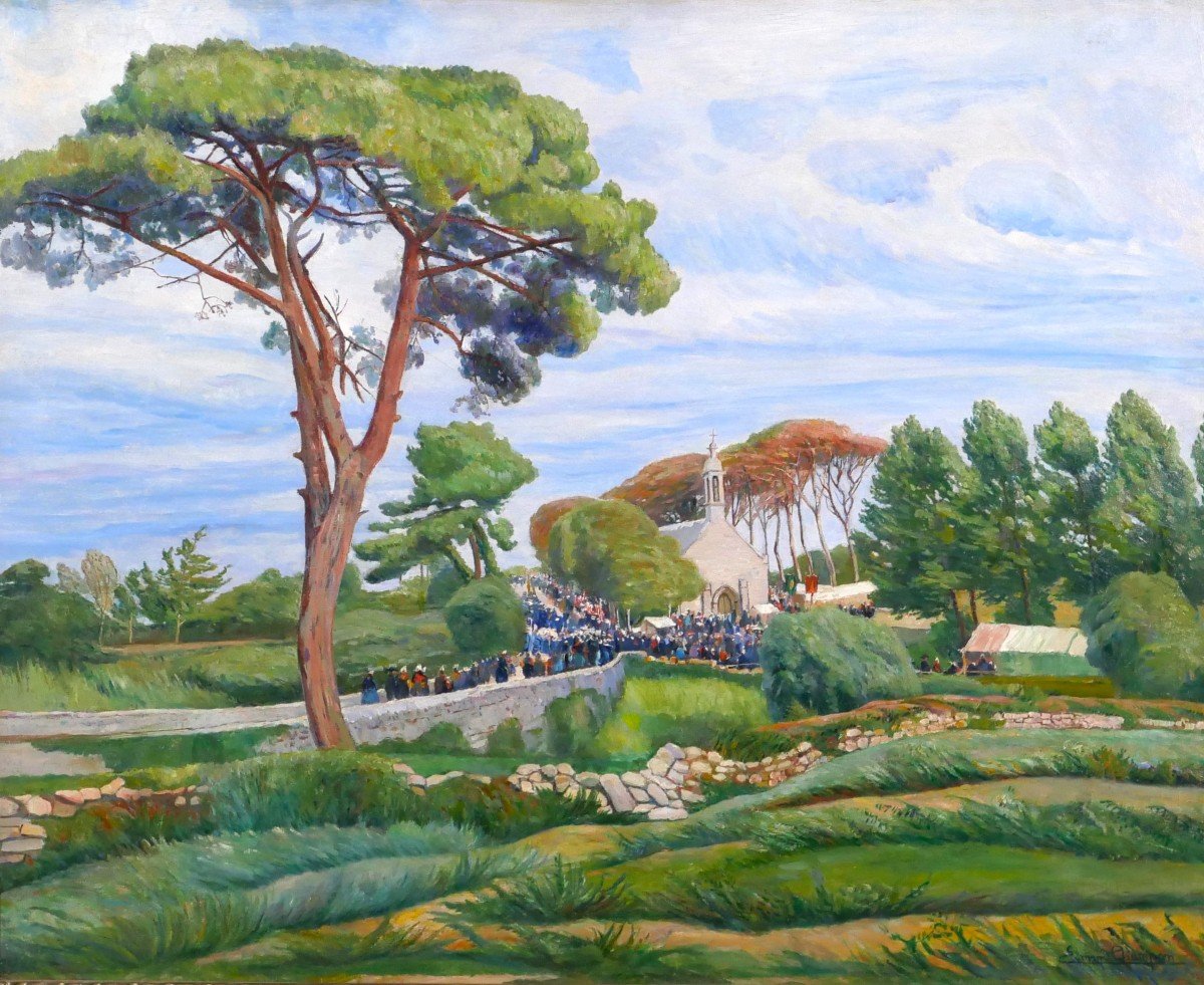 Edmond CHAMPON Bretagne, Loctudy, scène du pardon, grand tableau 1911