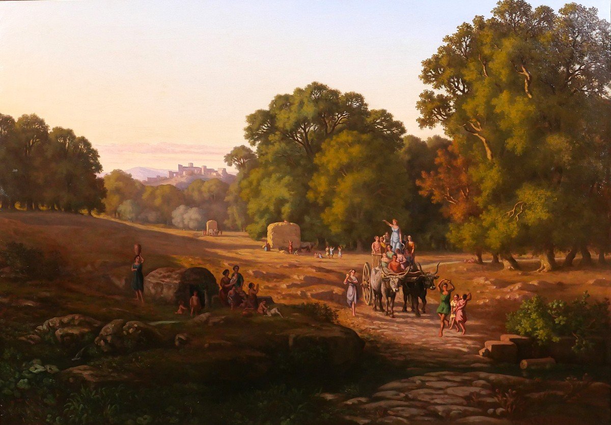 Gaspard Anrioud 1809-1866 Italy, The Harvest Party, Landscape, Large Painting, Romanticism