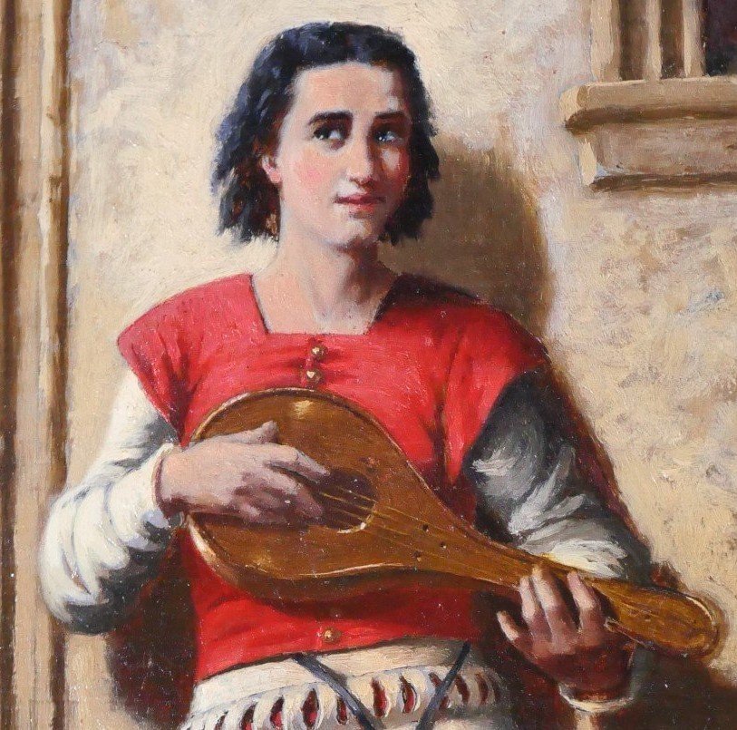 French School Circa 1850 The Mandolin Player, Painting, Portrait Man Music Romanticism-photo-2