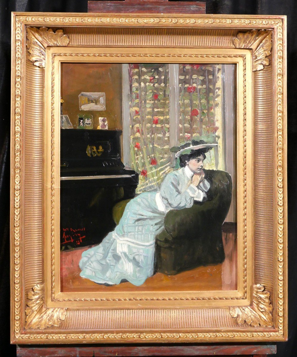 Auguste AUGLAY 1876-1920 Femme assise dans son intérieur, tableau, 1903, impressionnisme-photo-2