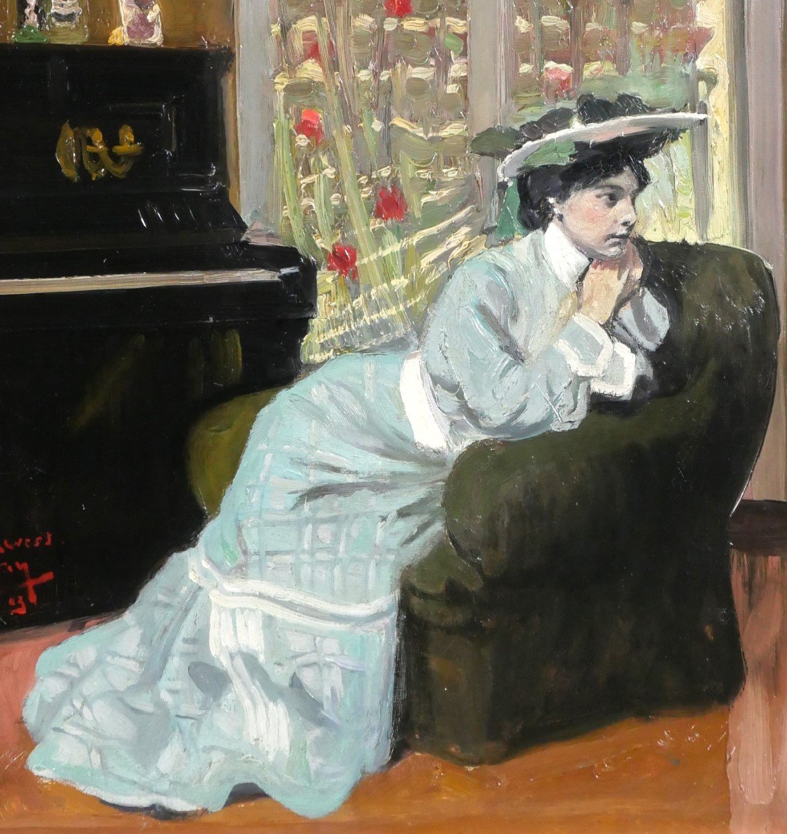 Auguste AUGLAY 1876-1920 Femme assise dans son intérieur, tableau, 1903, impressionnisme-photo-3