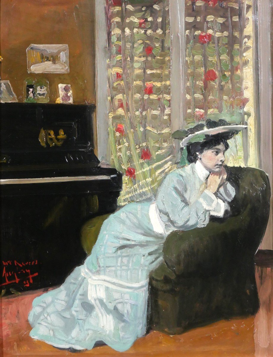 Auguste AUGLAY 1876-1920 Femme assise dans son intérieur, tableau, 1903, impressionnisme