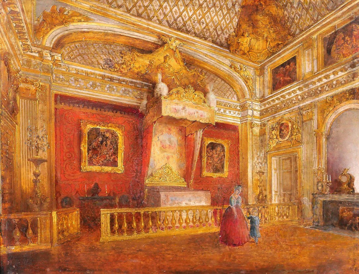 French School Circa 1830-40, Versailles, The King's Bedroom, Painting, Castle, Romanticism