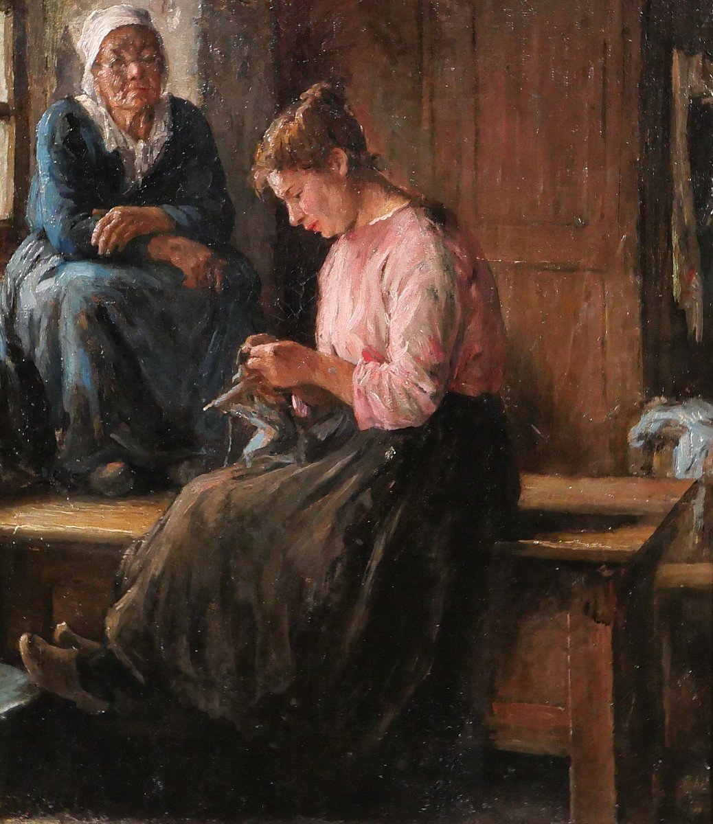 Auguste-laurent Boulard, 1852-1927, Women In An Interior, Painting, Circa 1880-90, Brittany ?-photo-3