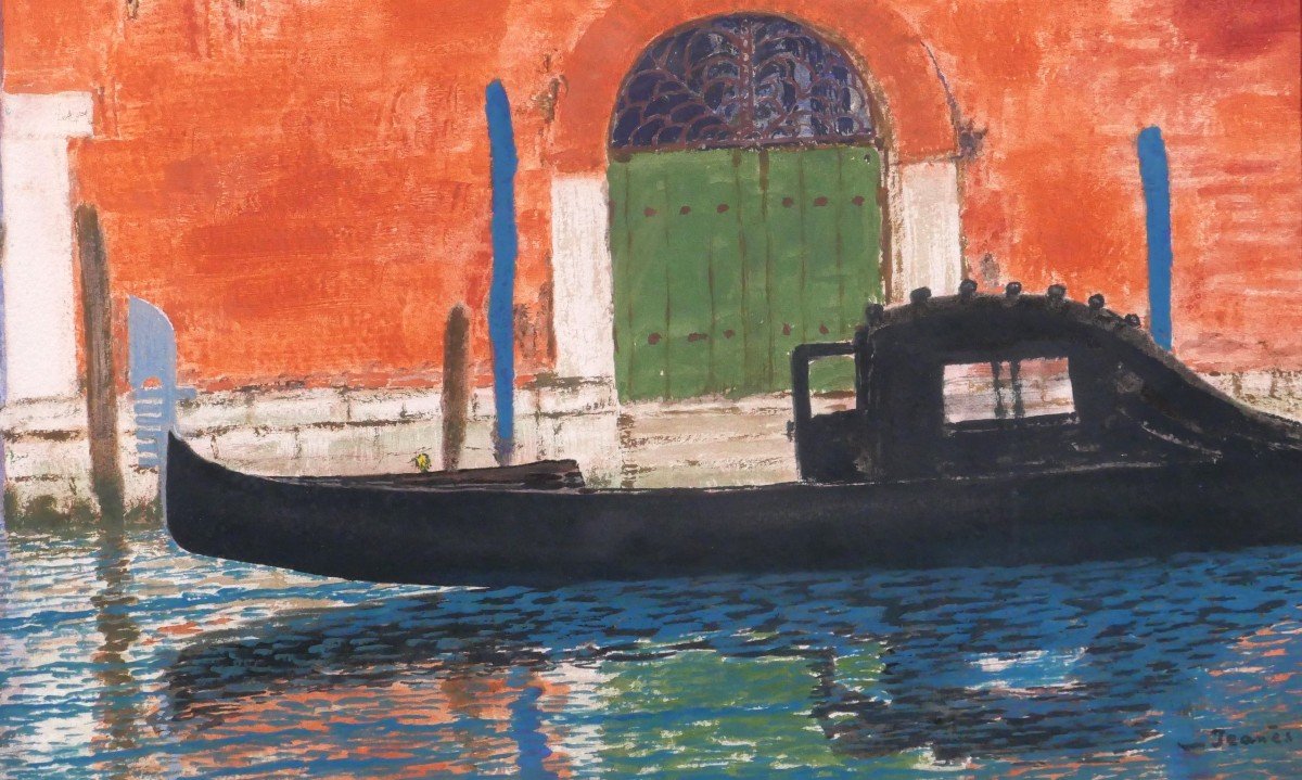 Sigismond JEANES 1863 - 1952 Venise, paysage à la gondole, tableau, vers 1920-30-photo-3