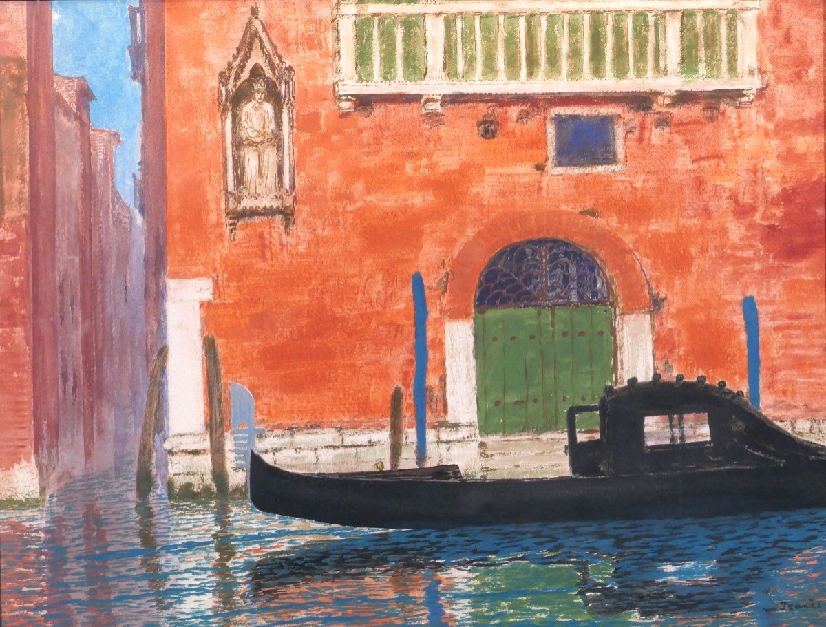 Sigismond JEANES 1863 - 1952 Venise, paysage à la gondole, tableau, vers 1920-30