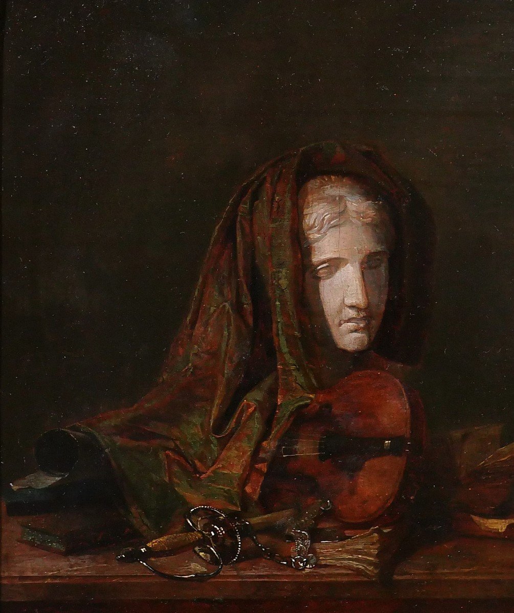 Eustache François Duval, Still Life With Statue, Sword And Violin, Painting, Circa 1820-30-photo-1