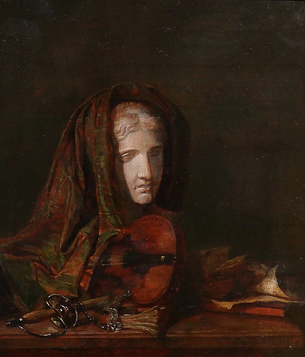 Eustache François Duval, Still Life With Statue, Sword And Violin, Painting, Circa 1820-30-photo-2