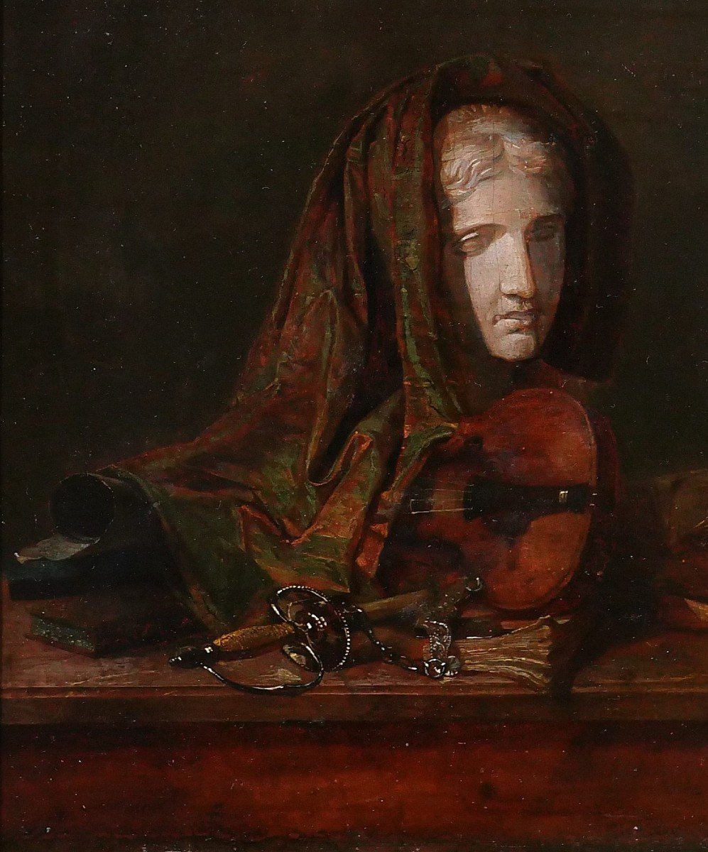 Eustache François Duval, Still Life With Statue, Sword And Violin, Painting, Circa 1820-30-photo-4