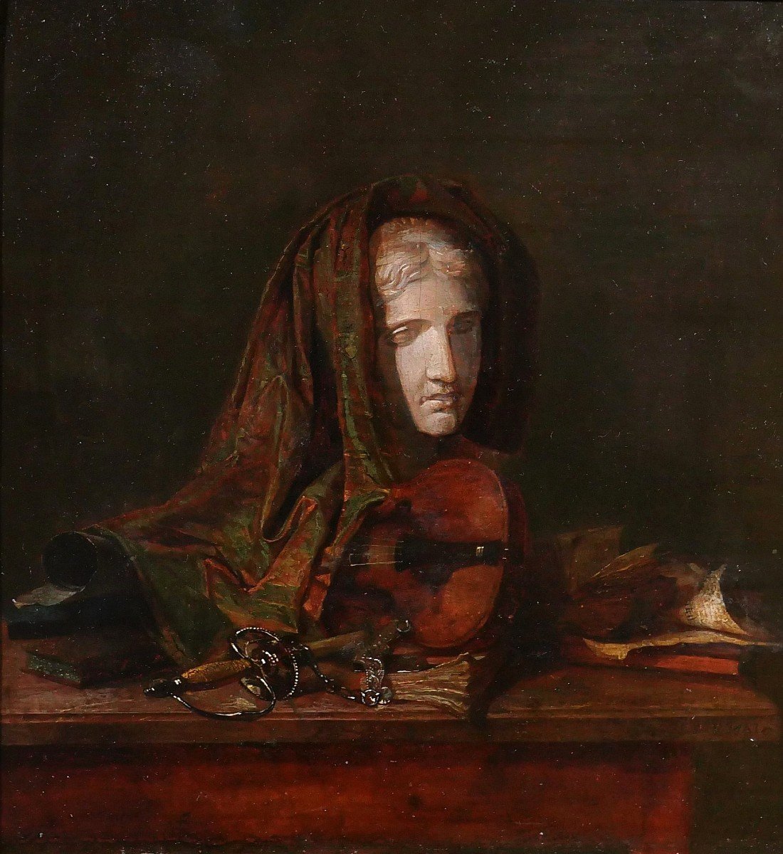 Eustache François Duval, Still Life With Statue, Sword And Violin, Painting, Circa 1820-30