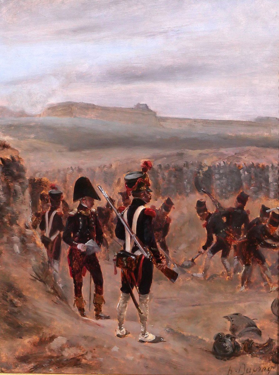 Henri DUPRAY 1841-1909 Soldats creusant une tranchée, tableau, militaria, Napoléon, guerre